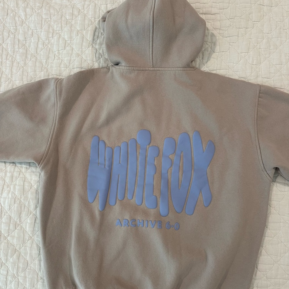 White Fox Boutique Tan Hoodie with Blue Logo